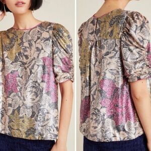 Anthropologie Pink and Gold Floral Blouse